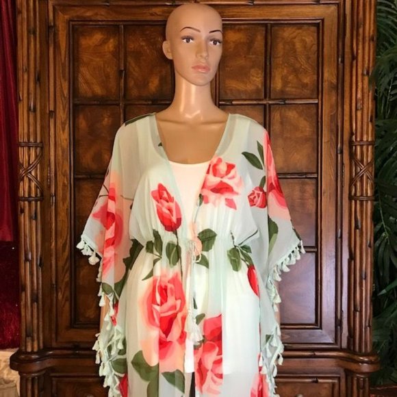 NWOT Chiffon Aqua Floral Tassel Tie Front Kimono Duster - Picture 4 of 12